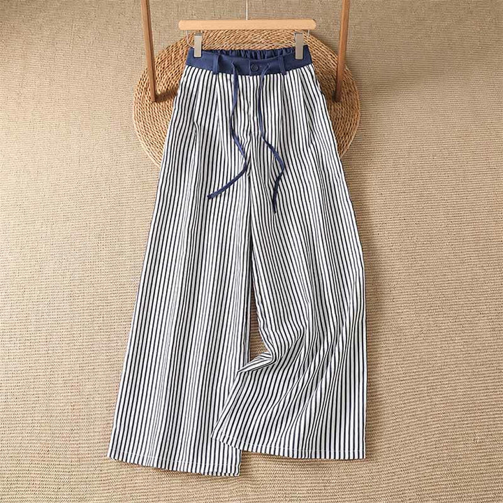 Buddha Stones Summer Casual Drawstring Striped Long Pants Women's Wide Leg Pants With Pocket - DarkBlue - US8-10, UK/AU12-14, EU40-42 (2XL) - image 0