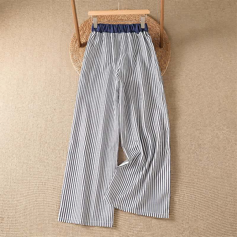 Buddha Stones Summer Casual Drawstring Striped Long Pants Women's Wide Leg Pants With Pocket - image 1