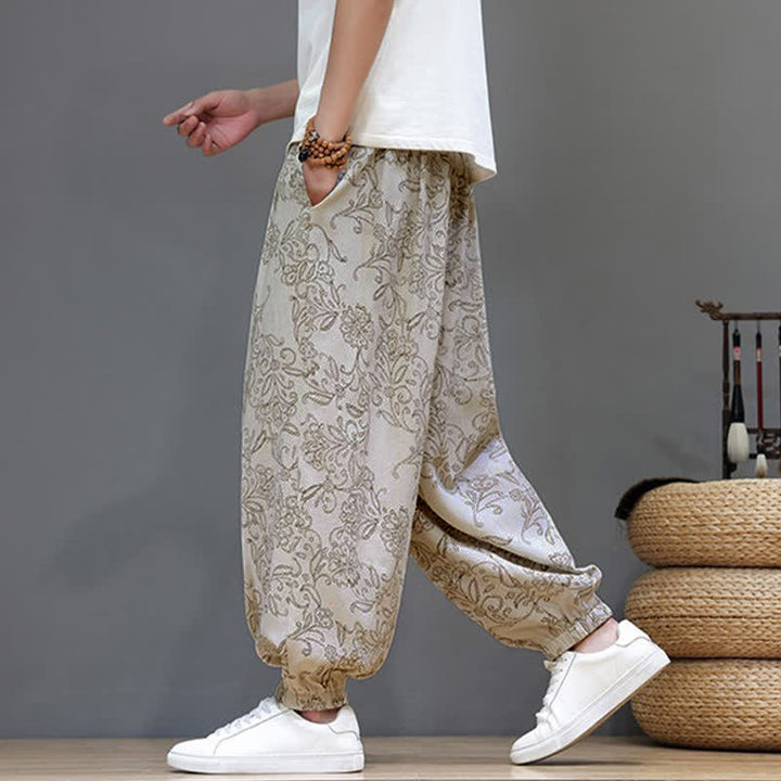 Buddha Stones Summer Casual Vintage Drawstring Floral Ankle Pants Men's Harem Pants With Pocket - image 7