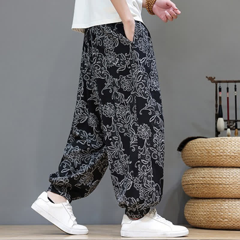 Buddha Stones Summer Casual Vintage Drawstring Floral Ankle Pants Men's Harem Pants With Pocket - image 16