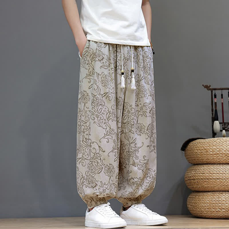 Buddha Stones Summer Casual Vintage Drawstring Floral Ankle Pants Men's Harem Pants With Pocket - image 3