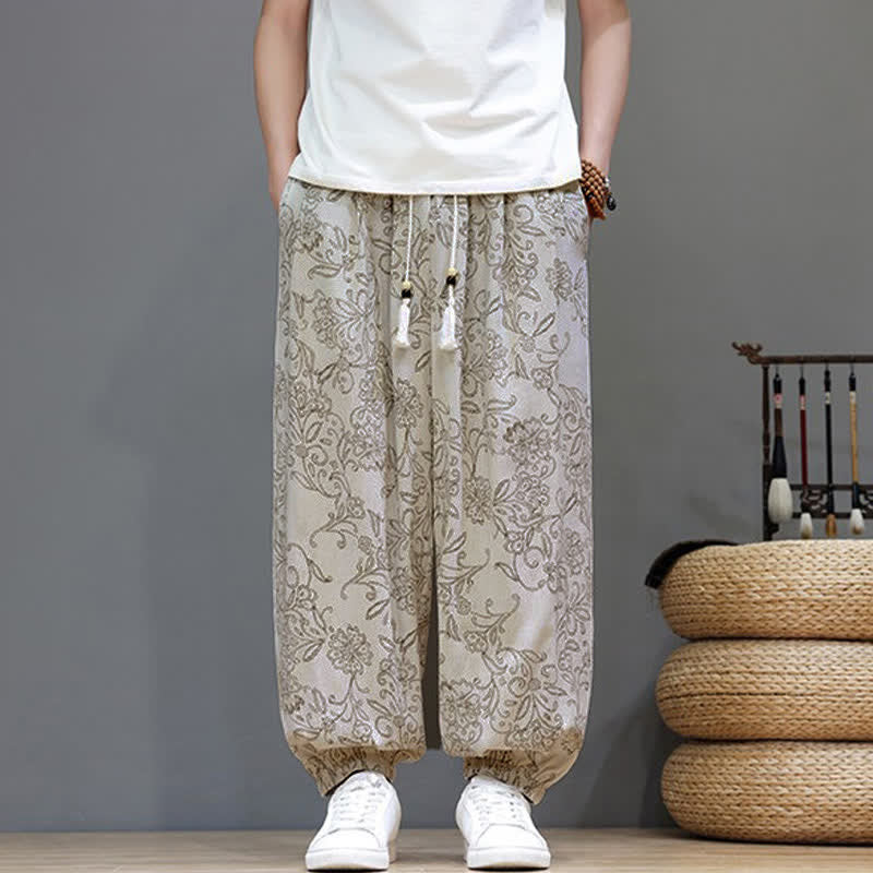 Buddha Stones Summer Casual Vintage Drawstring Floral Ankle Pants Men's Harem Pants With Pocket - image 1