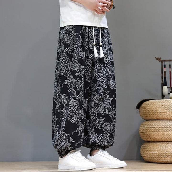 Buddha Stones Summer Casual Vintage Drawstring Floral Ankle Pants Men's Harem Pants With Pocket - image 14
