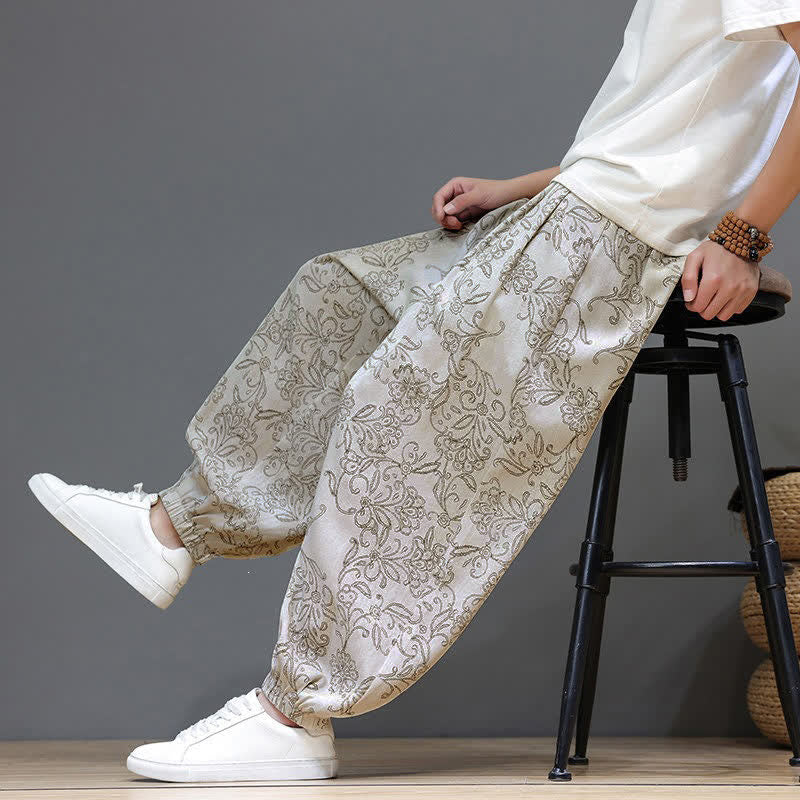 Buddha Stones Summer Casual Vintage Drawstring Floral Ankle Pants Men's Harem Pants With Pocket - image 8