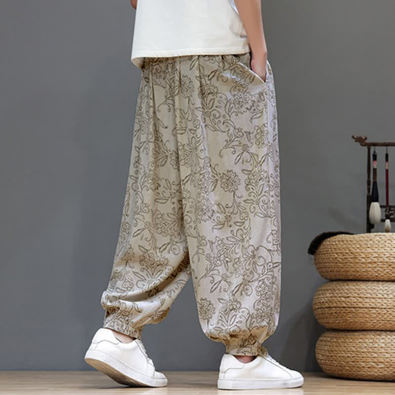 Buddha Stones Summer Casual Vintage Drawstring Floral Ankle Pants Men's Harem Pants With Pocket - image 4