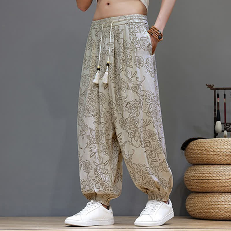 Buddha Stones Summer Casual Vintage Drawstring Floral Ankle Pants Men's Harem Pants With Pocket - image 6