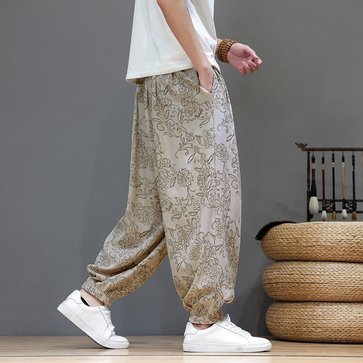 Buddha Stones Summer Casual Vintage Drawstring Floral Ankle Pants Men's Harem Pants With Pocket - image 5