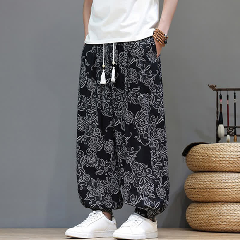 Buddha Stones Summer Casual Vintage Drawstring Floral Ankle Pants Men's Harem Pants With Pocket - image 17