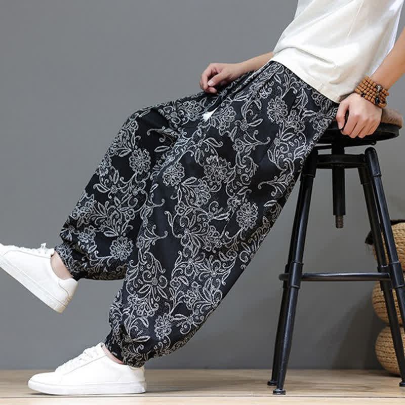 Buddha Stones Summer Casual Vintage Drawstring Floral Ankle Pants Men's Harem Pants With Pocket - image 20