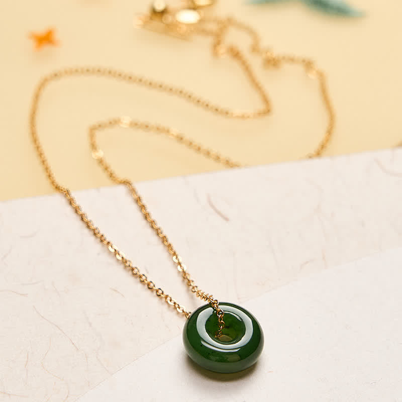 Buddha Stones Natural Cyan Jade Peace Buckle Abundance Pendant Copper 925 Sterling Silver Chain Necklace - image 1