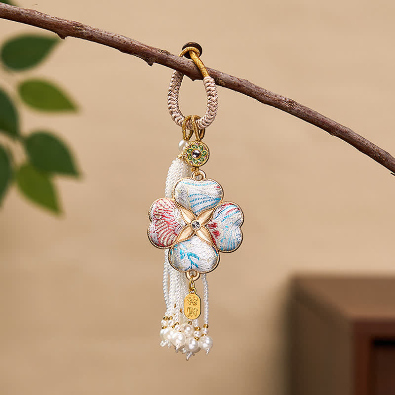 Buddha Stones Song Brocade Four Leaf Clover Fu Character Lucky Fortune Wealth Tassel Keychains - White - image 14