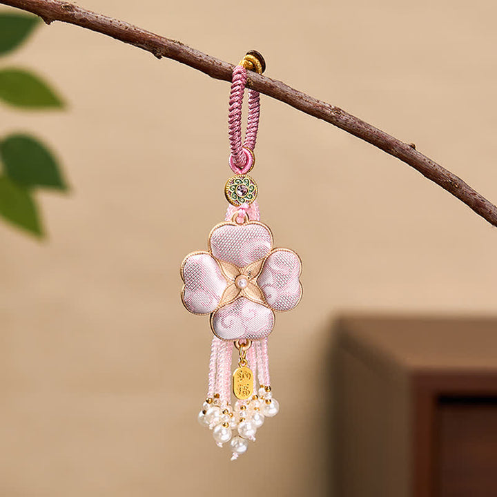 Buddha Stones Song Brocade Four Leaf Clover Fu Character Lucky Fortune Wealth Tassel Keychains - Pink - image 6