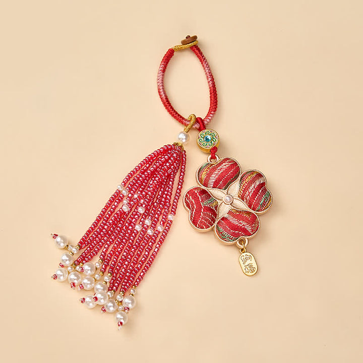 Buddha Stones Song Brocade Four Leaf Clover Fu Character Lucky Fortune Wealth Tassel Keychains - image 11