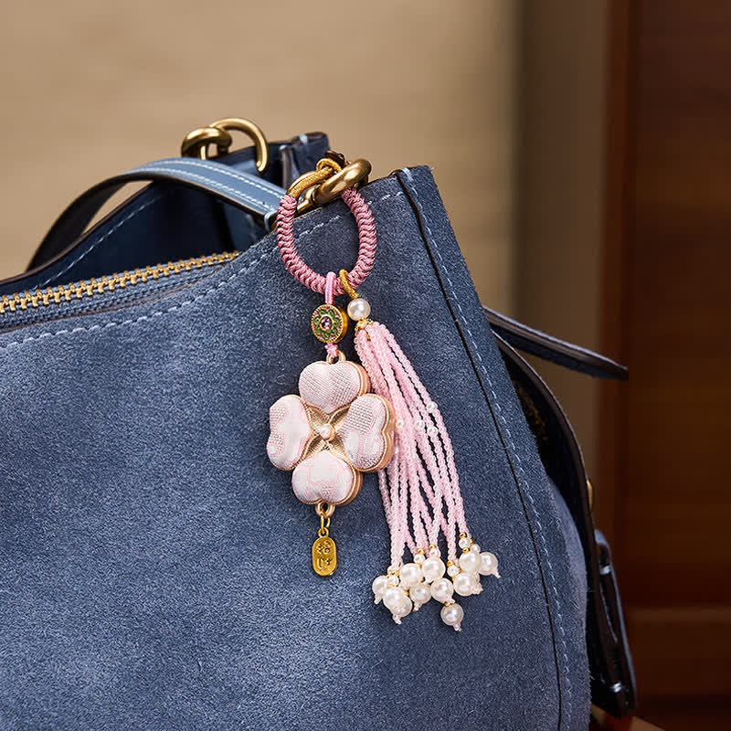 Buddha Stones Song Brocade Four Leaf Clover Fu Character Lucky Fortune Wealth Tassel Keychains - image 9