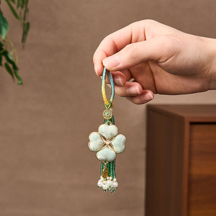 Buddha Stones Song Brocade Four Leaf Clover Fu Character Lucky Fortune Wealth Tassel Keychains - image 2