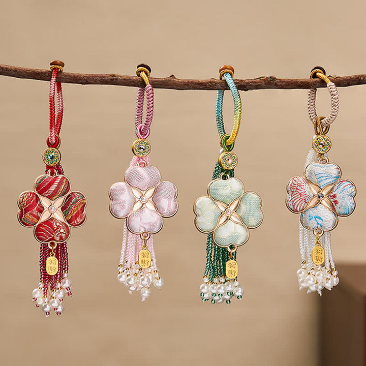Buddha Stones Song Brocade Four Leaf Clover Fu Character Lucky Fortune Wealth Tassel Keychains - image 18