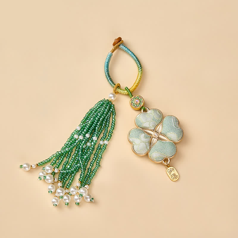 Buddha Stones Song Brocade Four Leaf Clover Fu Character Lucky Fortune Wealth Tassel Keychains - image 1