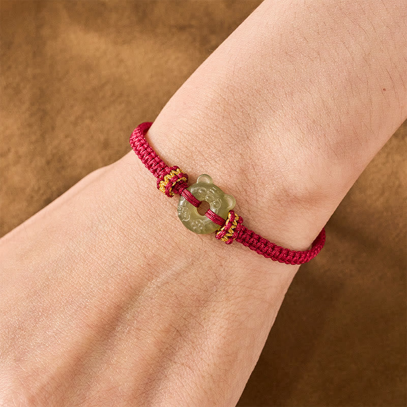 Buddha Stones Jade Tiger Head Design Peace Buckle Grounding Red String Braided Bracelet - image 4