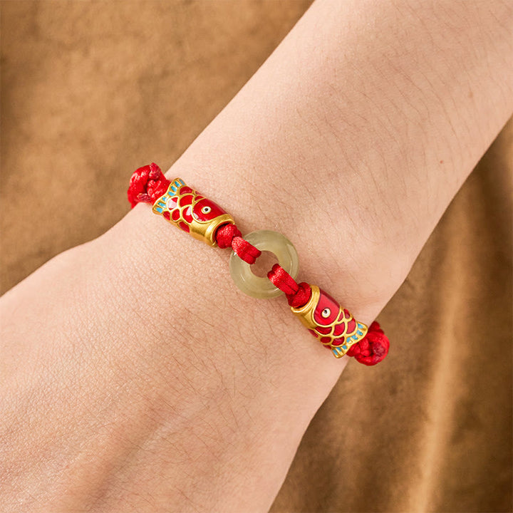 Buddha Stones Hetian Jade Peace Buckle Double Koi Fish Red String Prosperity Bracelet - image 4