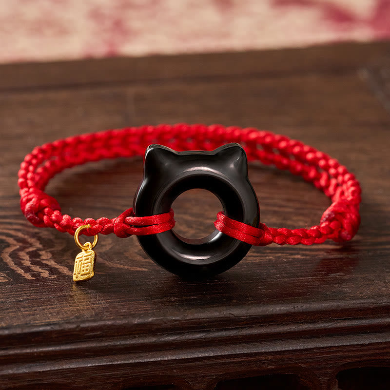Buddha Stones Black Obsidian Cat Design Peace Buckle Fu Character Red String Protection Braided Bracelet - Black Obsidian(Wrist Circumference 17–18cm) - image 0
