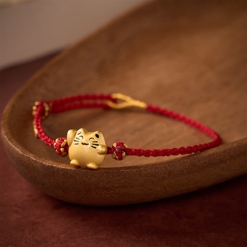 Buddha Stones Red String Copper Lucky Cat Protection Energy Bracelet - DarkRed(Wrist Circumference 14–18cm) - image 0
