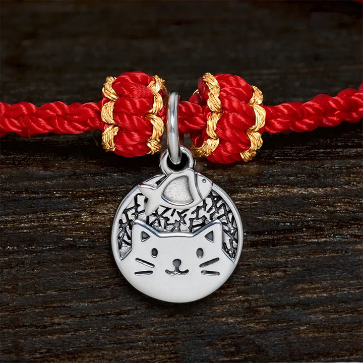 Buddha Stones 925 Sterling Silver Kitten Eating Fish Round Pendant Prosperity Red Black String Braided Bracelet - image 9