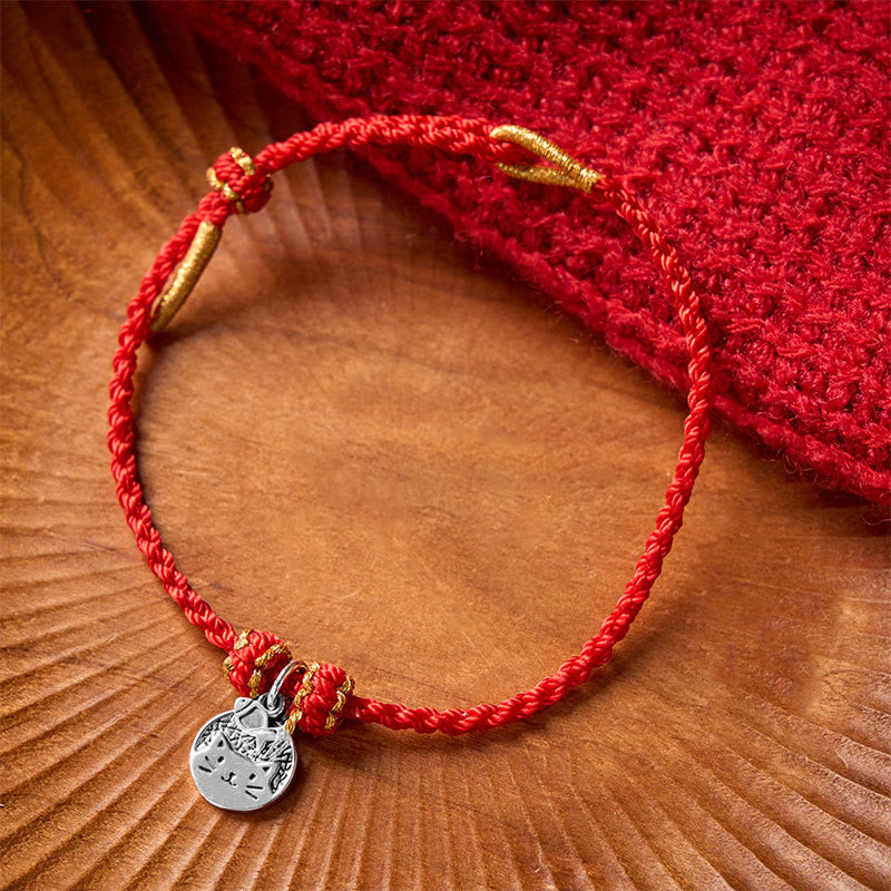 Buddha Stones 925 Sterling Silver Kitten Eating Fish Round Pendant Prosperity Red Black String Braided Bracelet - image 2