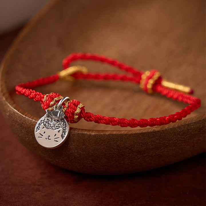 Buddha Stones 925 Sterling Silver Kitten Eating Fish Round Pendant Prosperity Red Black String Braided Bracelet - image 1