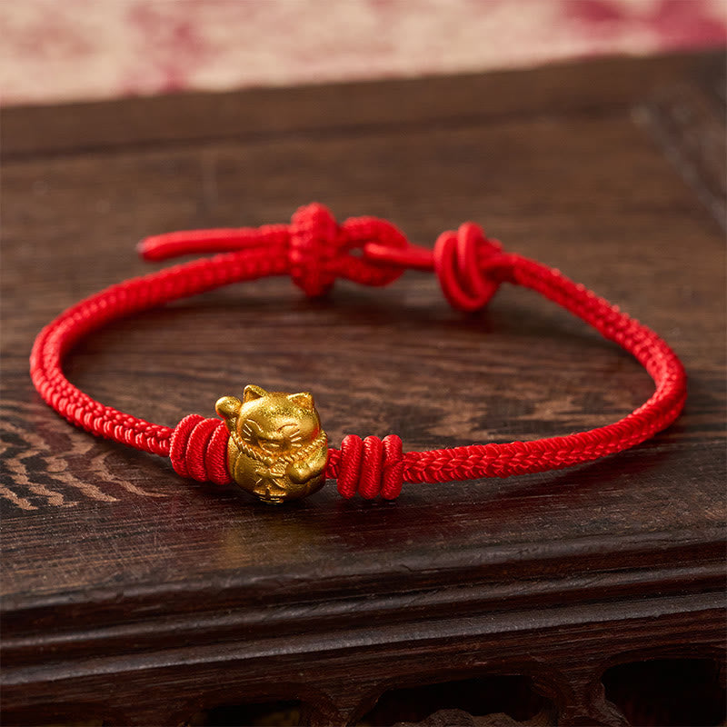 Buddha Stones Hand-Woven Red String Copper Lucky Cat Blessing Adjustable Bracelet - Red - 17-20cm - image 9
