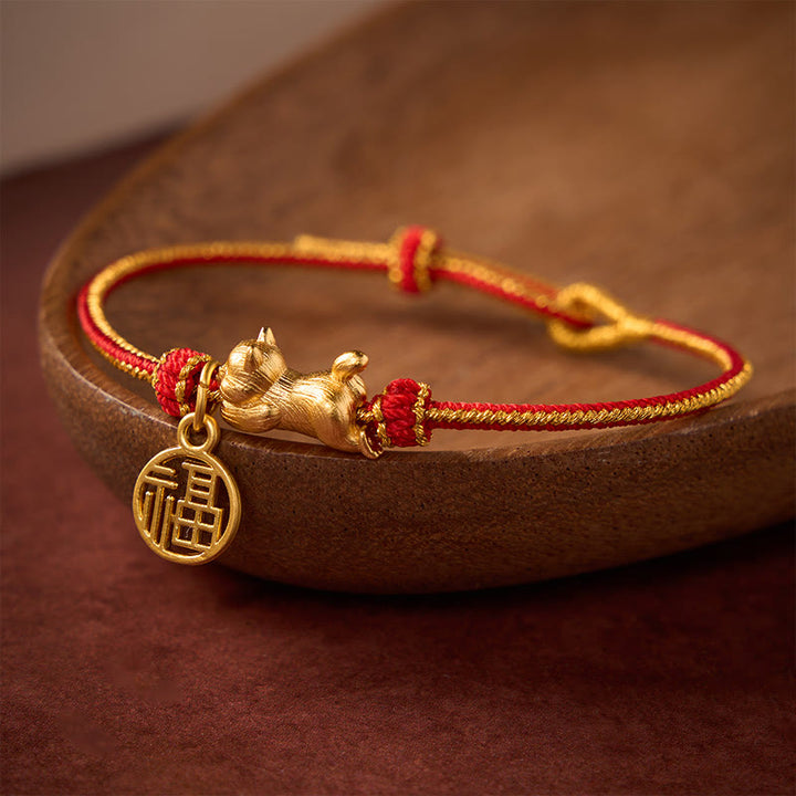 Buddha Stones Lying-Down Cat Fu Character Copper Red String Hand-Woven Prosperity Bracelet - image 1