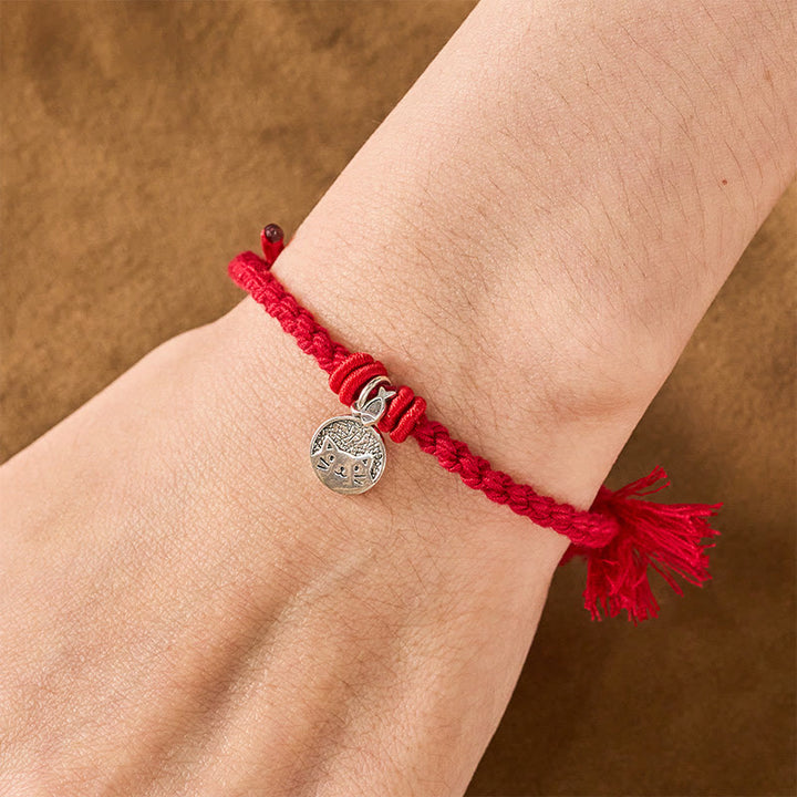 Buddha Stones 925 Sterling Silver Cute Cat Fish Protection Tibet Red String Adjustable Bracelet - image 4