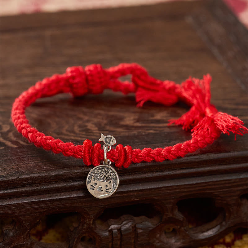 Buddha Stones 925 Sterling Silver Cute Cat Fish Protection Tibet Red String Adjustable Bracelet - image 10