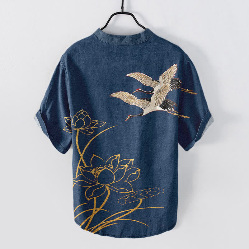Buddha Stones Cotton Crane Golden Lotus Pattern Men's Short Sleeve Half Button Shirt - image 1