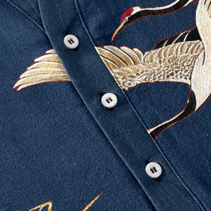Buddha Stones Cotton Crane Golden Lotus Pattern Men's Short Sleeve Half Button Shirt - image 3