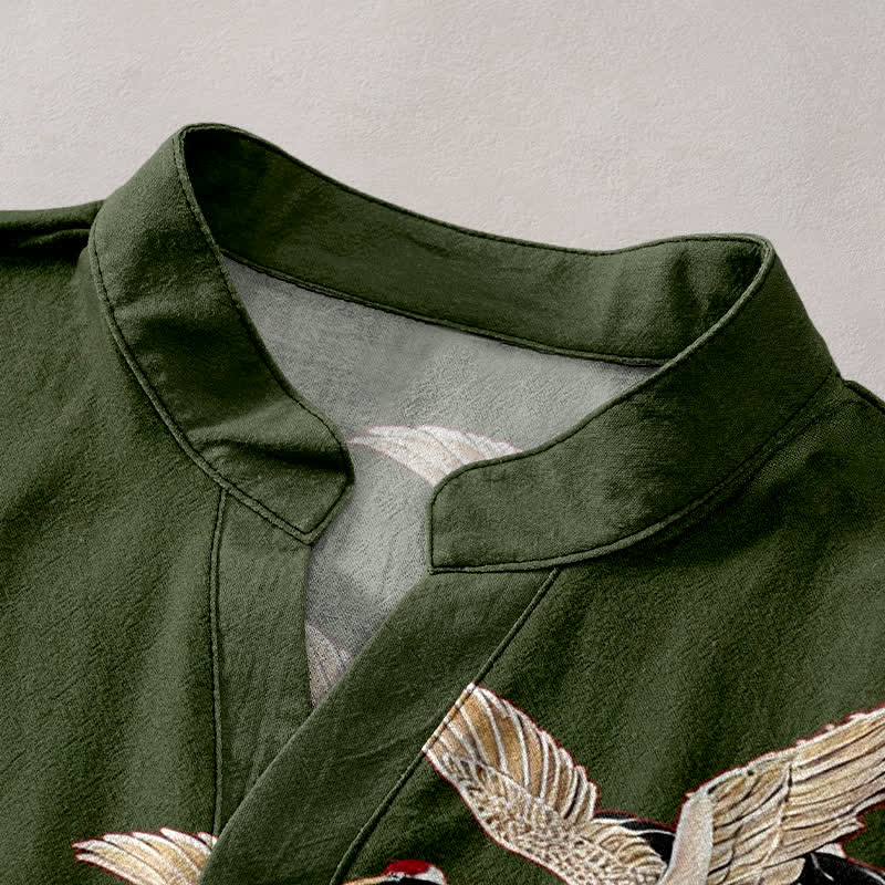 Buddha Stones Cotton Crane Golden Lotus Pattern Men's Short Sleeve Half Button Shirt - image 7