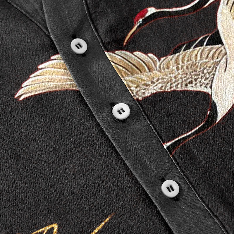 Buddha Stones Cotton Crane Golden Lotus Pattern Men's Short Sleeve Half Button Shirt - image 13