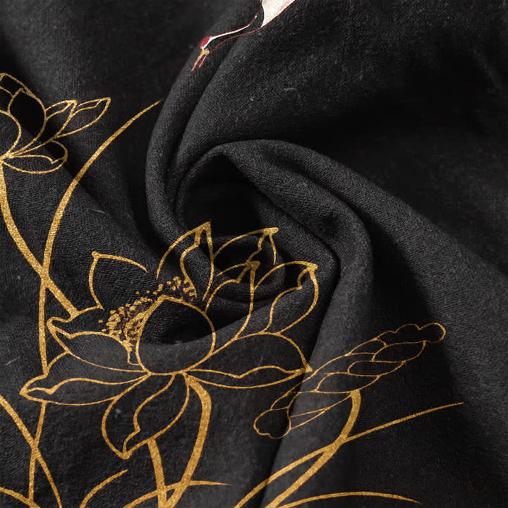 Buddha Stones Cotton Crane Golden Lotus Pattern Men's Short Sleeve Half Button Shirt - image 14