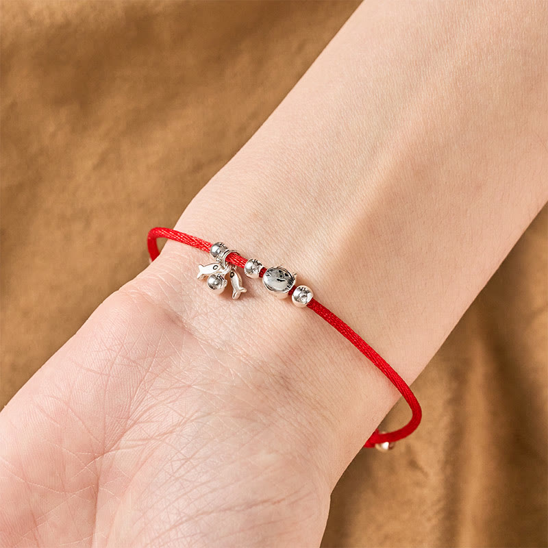 Buddha Stones 925 Sterling Silver Cute Cat Fish Red String Blessing Bracelet - image 4