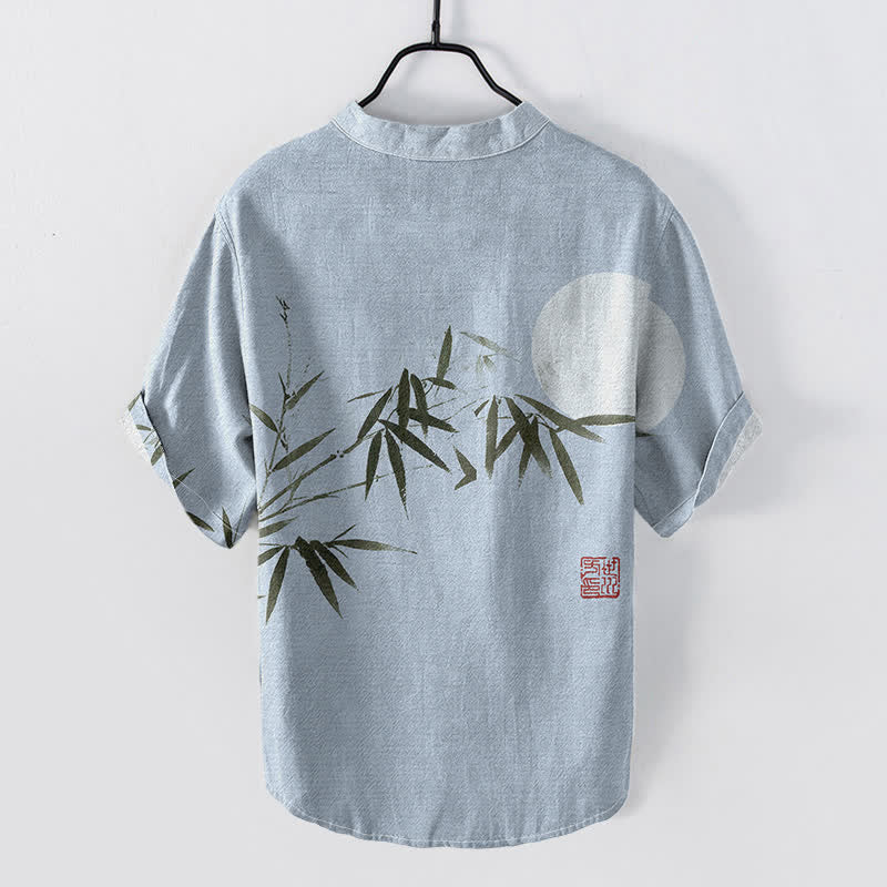 Buddha Stones Cotton Ink Bamboo Moon Pattern Men's Short Sleeve Half Button Shirt - image 4