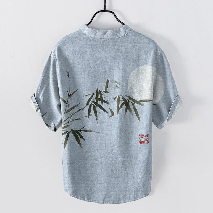 Buddha Stones Cotton Ink Bamboo Moon Pattern Men's Short Sleeve Half Button Shirt - image 4