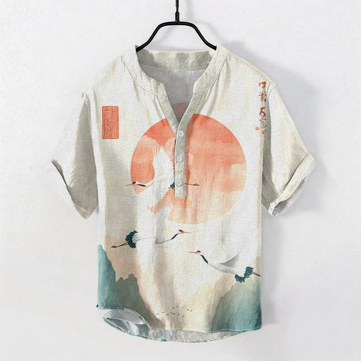 Buddha Stones Cotton Red Sun Flying Crane Pattern Men's Short Sleeve Half Button Shirt - Linen - US/UK/AU50，EU60 (5XL) - image 0