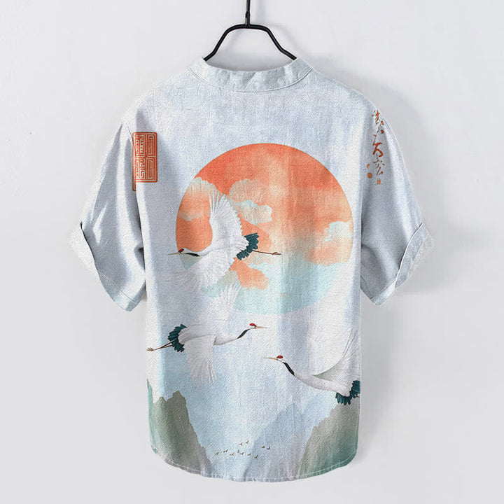 Buddha Stones Cotton Red Sun Flying Crane Pattern Men's Short Sleeve Half Button Shirt - image 4