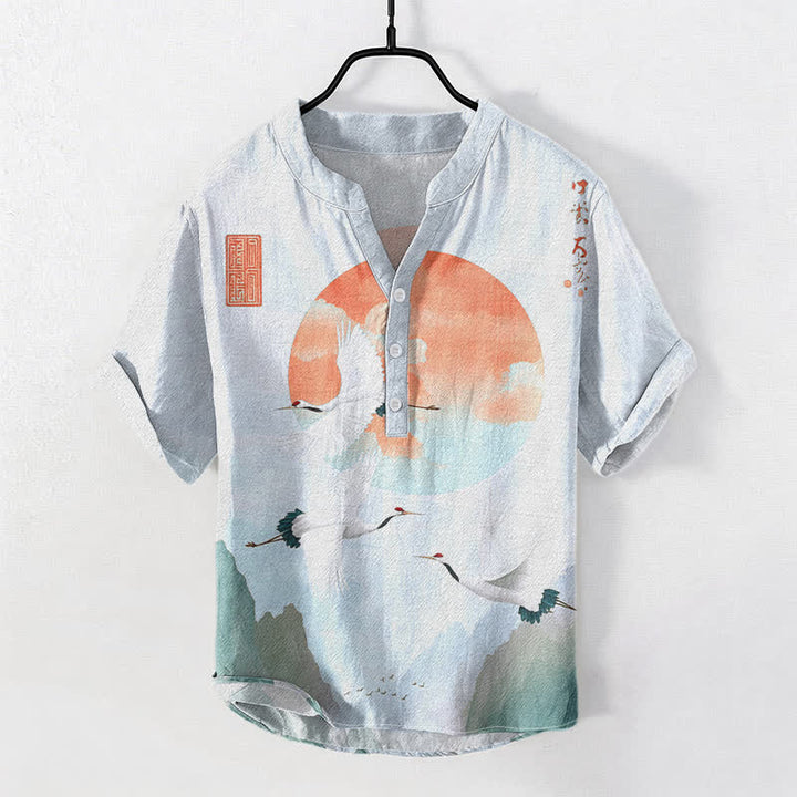 Buddha Stones Cotton Red Sun Flying Crane Pattern Men's Short Sleeve Half Button Shirt - LightBlue - US/UK/AU50，EU60 (5XL) - image 3