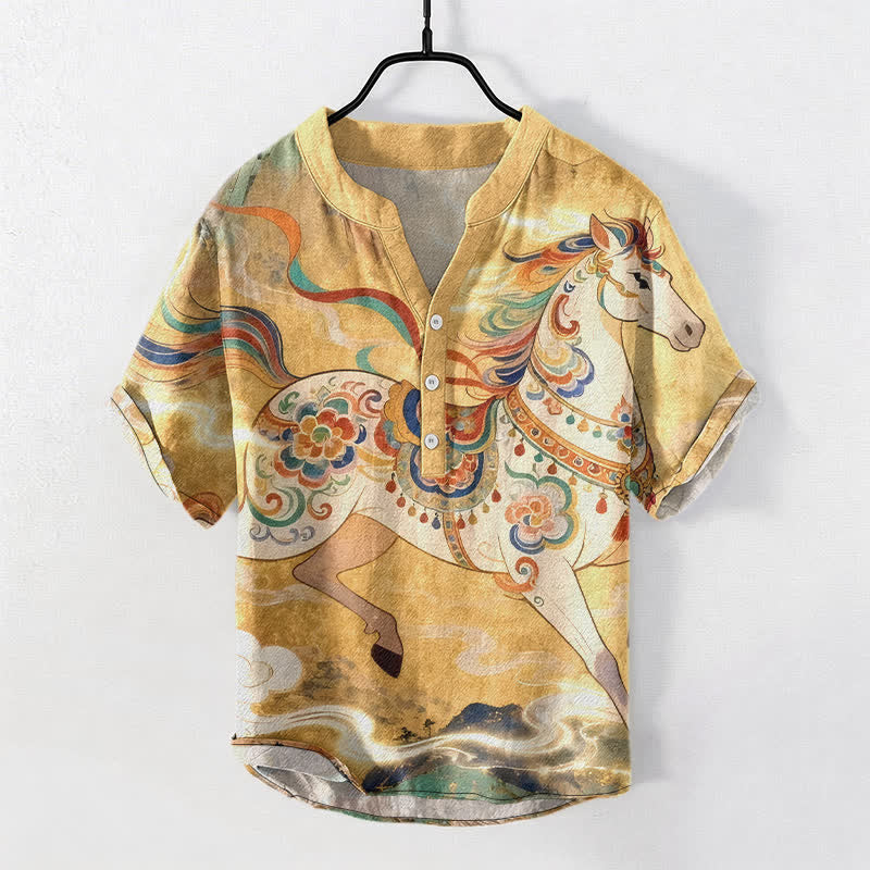 Buddha Stones Cotton Ornamental Running Horse Pattern Men's Short Sleeve Half Button Shirt - Gold - US/UK/AU50，EU60 (5XL) - image 5
