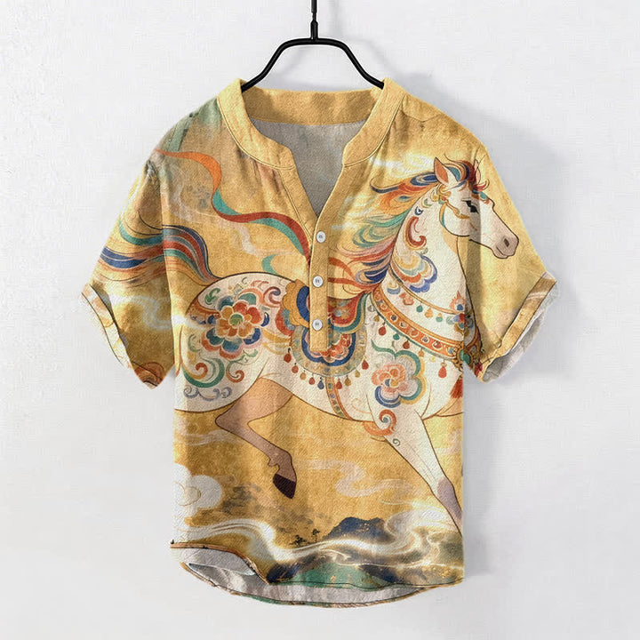 Buddha Stones Cotton Ornamental Running Horse Pattern Men's Short Sleeve Half Button Shirt - Gold - US/UK/AU50，EU60 (5XL) - image 5