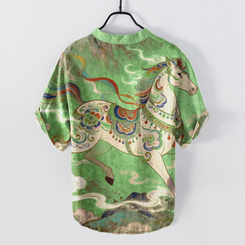 Buddha Stones Cotton Ornamental Running Horse Pattern Men's Short Sleeve Half Button Shirt - image 11