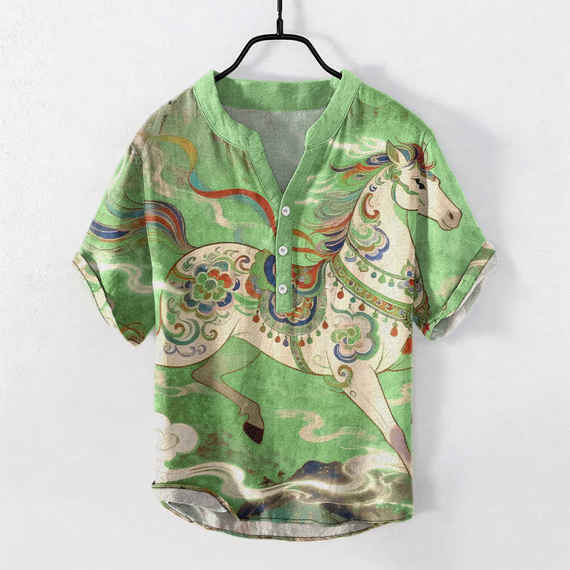 Buddha Stones Cotton Ornamental Running Horse Pattern Men's Short Sleeve Half Button Shirt - LightGreen - US/UK/AU50，EU60 (5XL) - image 10