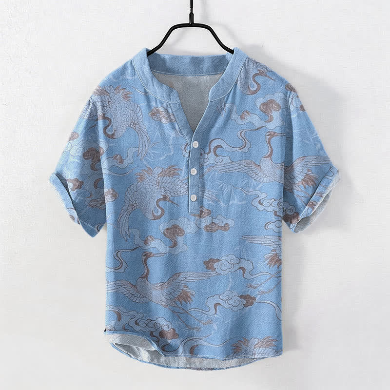 Buddha Stones Cotton Crane Clouds Pattern Men's Short Sleeve Half Button Shirt - LightBlue - US/UK/AU50，EU60 (5XL) - image 0