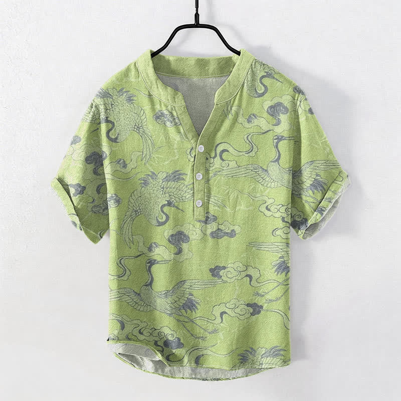 Buddha Stones Cotton Crane Clouds Pattern Men's Short Sleeve Half Button Shirt - LightGreen - US/UK/AU50，EU60 (5XL) - image 6