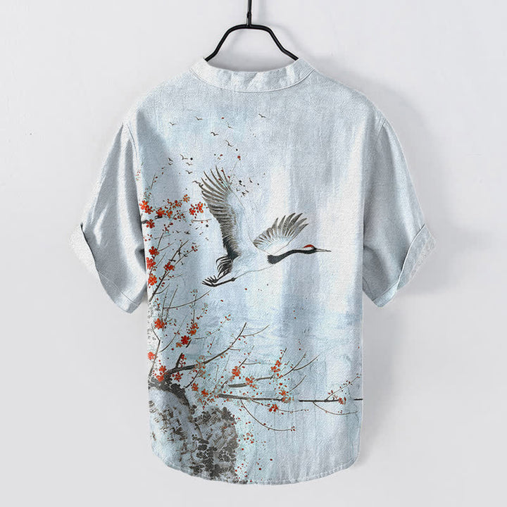 Buddha Stones Cotton Crane Plum Blossom Pattern Men's Short Sleeve Half Button Shirt - image 7